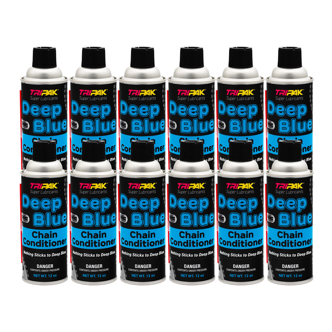 12 cans of Deep Blue Chain Conditioner stacked on a white background