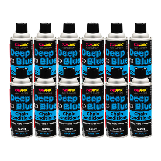 12 cans of Deep Blue Chain Conditioner stacked on a white background