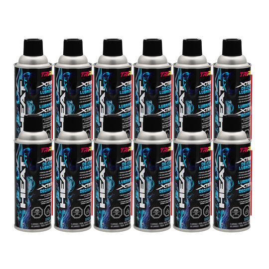 12 Cans of HEAT XT De-icing Lubricant on a white background